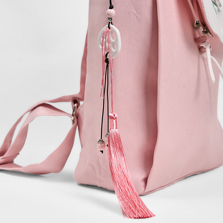 Buddha Stones Handmade Pink Peony Flowers Embroidered Large Capacity Canvas Backpack - image 4