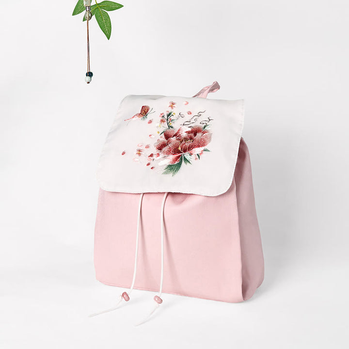 Buddha Stones Handmade Pink Peony Flowers Embroidered Large Capacity Canvas Backpack - image 2