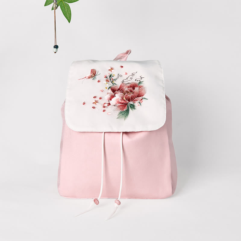 Buddha Stones Handmade Pink Peony Flowers Embroidered Large Capacity Canvas Backpack - Pink Peony Flowers - image 0