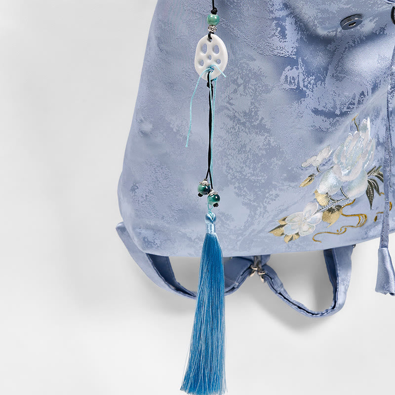 Buddha Stones Handmade Blue Camellia Embroidered Large Capacity Polyester Cotton Backpack - image 6