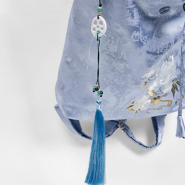 Buddha Stones Handmade Blue Camellia Embroidered Large Capacity Polyester Cotton Backpack - image 6
