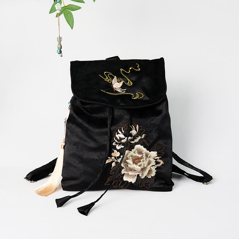 Buddha Stones Handmade Black Peony Embroidered Large Capacity Polyester Cotton Backpack - Black Peony - image 0