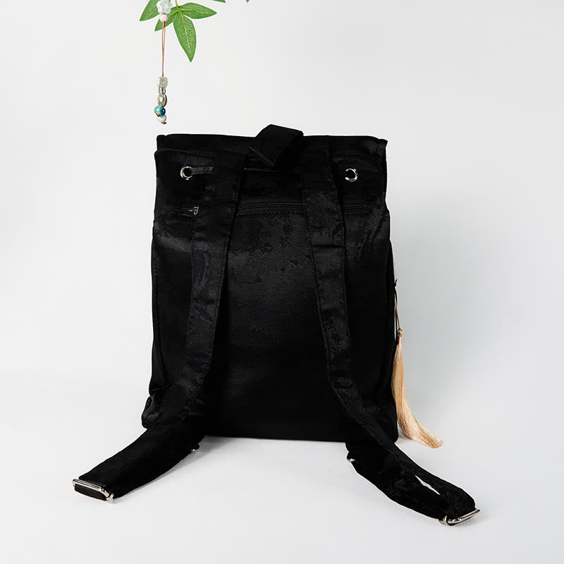 Buddha Stones Handmade Black Peony Embroidered Large Capacity Polyester Cotton Backpack - image 1