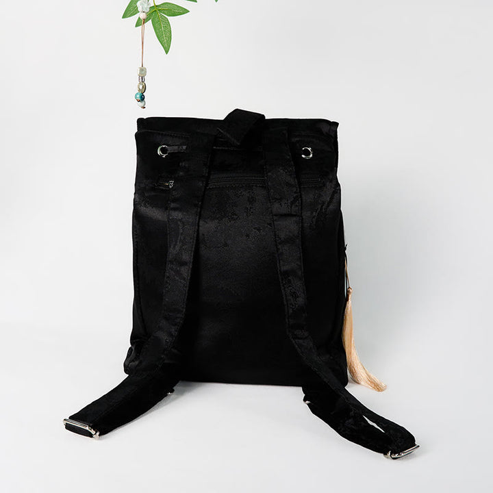 Buddha Stones Handmade Black Peony Embroidered Large Capacity Polyester Cotton Backpack - image 1