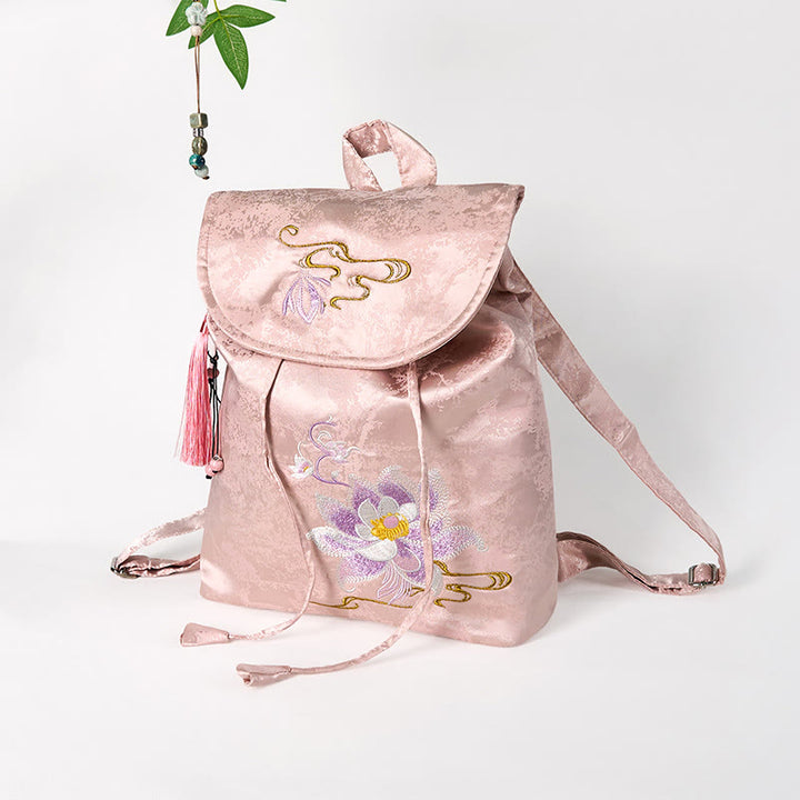 Buddha Stones Handmade Pink Lotus Embroidered Large Capacity Polyester Cotton Backpack - image 2