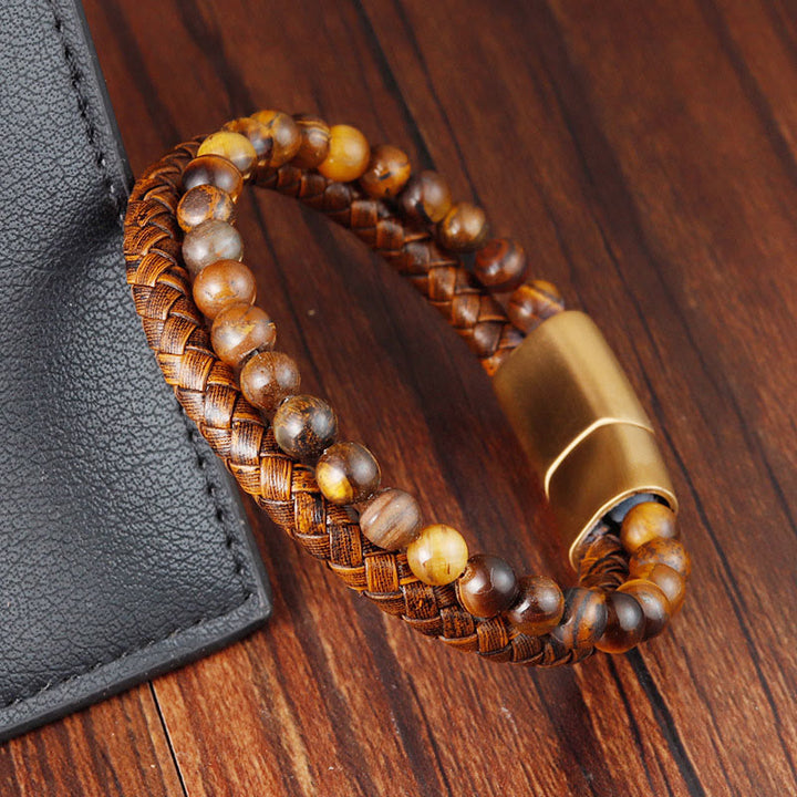 Buddha Stones Multi-layer Woven Tiger Eye Stone Beads Leather Titanium Steel Strength Buckle Bracelet - image 2