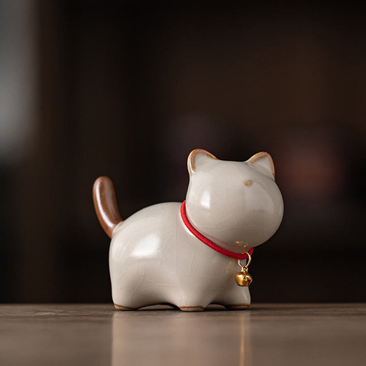 Buddha Stones Mini Lucky Cute Standing Cat Red Rope Bell Ceramic Figurine Decoration - Beige(7.6*3.9*5.6cm) - image 1