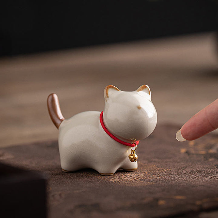 Buddha Stones Mini Lucky Cute Standing Cat Red Rope Bell Ceramic Figurine Decoration - image 4