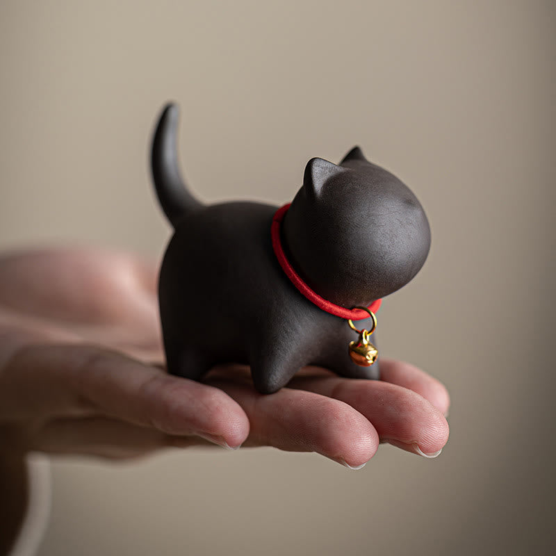 Buddha Stones Mini Lovely Red Rope Bell Cat Tea Pet Purple Clay Figurine Desk Decoration - image 9
