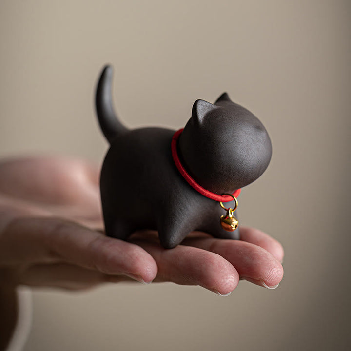 Buddha Stones Mini Lovely Red Rope Bell Cat Tea Pet Purple Clay Figurine Desk Decoration - image 9