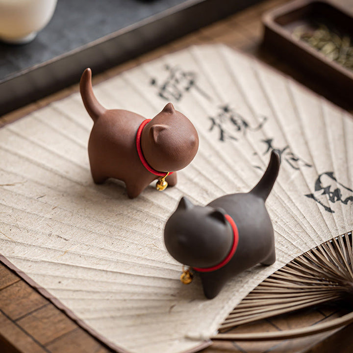 Buddha Stones Mini Lovely Red Rope Bell Cat Tea Pet Purple Clay Figurine Desk Decoration - image 0