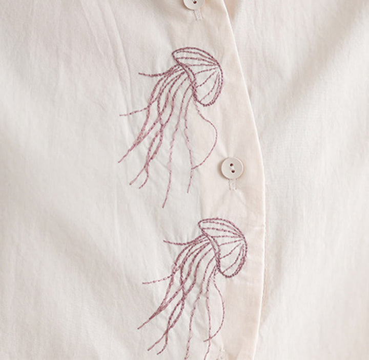 Buddha Stones Casual Women's Embroidered Jellyfish Pattern Stand Collar Buttons Design Half Sleeve Cotton Shirt - image 12