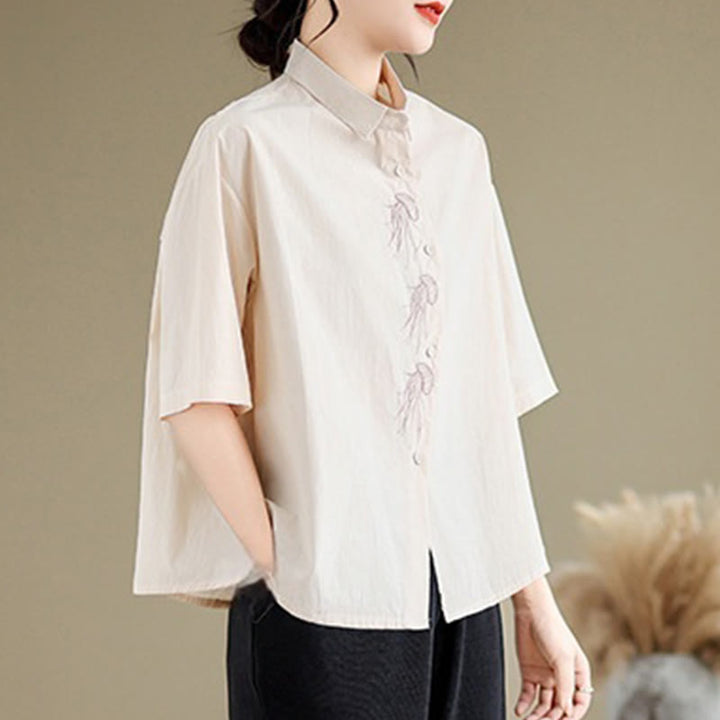 Buddha Stones Casual Women's Embroidered Jellyfish Pattern Stand Collar Buttons Design Half Sleeve Cotton Shirt - image 10