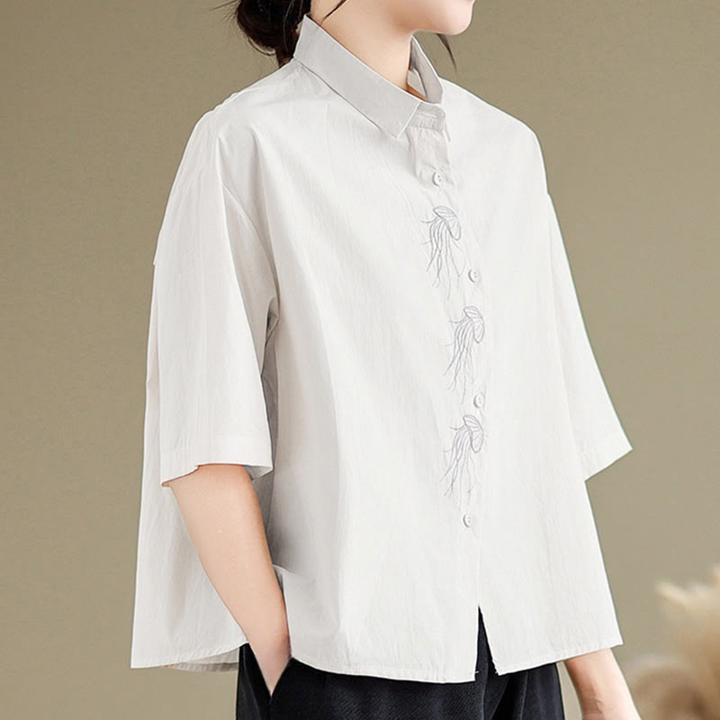 Buddha Stones Casual Women's Embroidered Jellyfish Pattern Stand Collar Buttons Design Half Sleeve Cotton Shirt - image 23