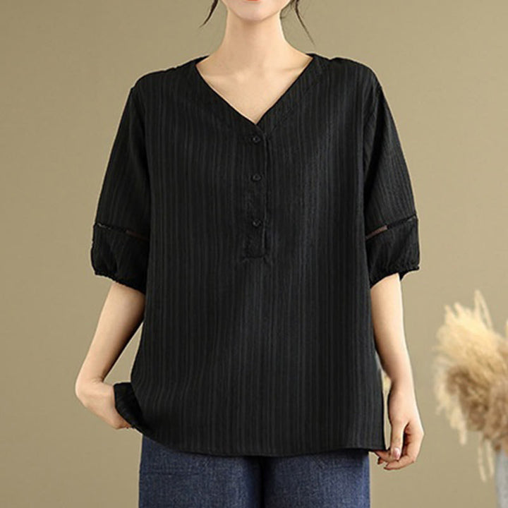 Buddha Stones Casual Plain Button V-Neck Women's Polyester Short Sleeve Shirt - Black - US8-10，UK/AU12-14，EU40-42 (2XL) - image 11