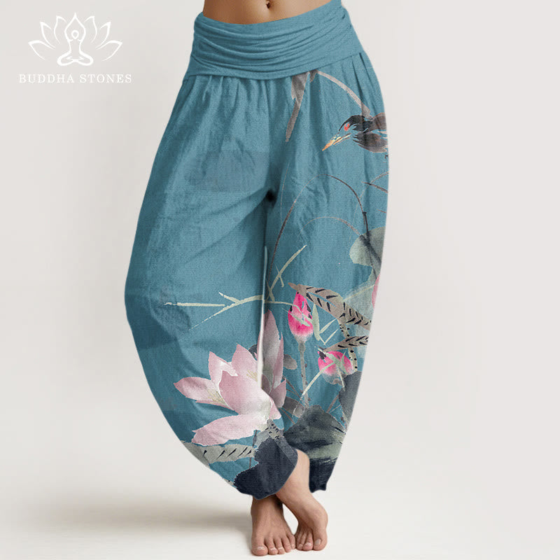 Buddha Stones Pink Lotus Leaves Bird Pattern Women's Elastic Waist Harem Pants - DarkTurquoise - US22，UK/AU26，EU54 (6XL) - image 4