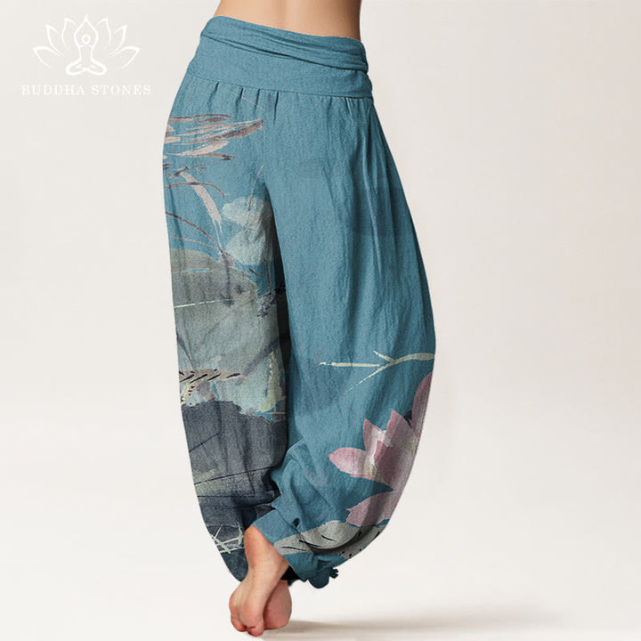 Buddha Stones Cotton Pink Lotus Leaves Bird Pattern Women's Elastic Waist Harem Pants - image 6