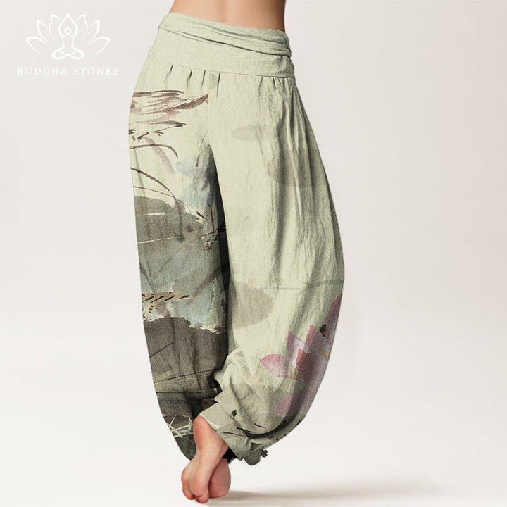 Buddha Stones Cotton Pink Lotus Leaves Bird Pattern Women's Elastic Waist Harem Pants - image 2