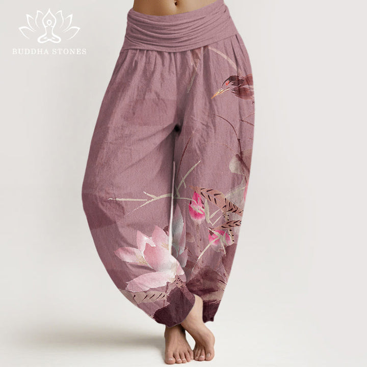 Buddha Stones Cotton Pink Lotus Leaves Bird Pattern Women's Elastic Waist Harem Pants - PaleVioletRed - US22，UK/AU26，EU54 (6XL) - image 7