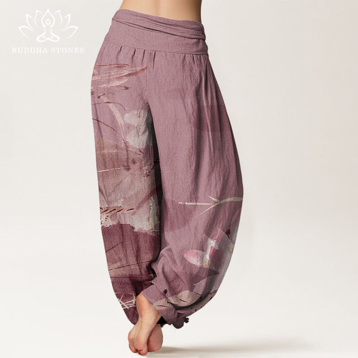 Buddha Stones Pink Lotus Leaves Bird Pattern Women's Elastic Waist Harem Pants - image 9