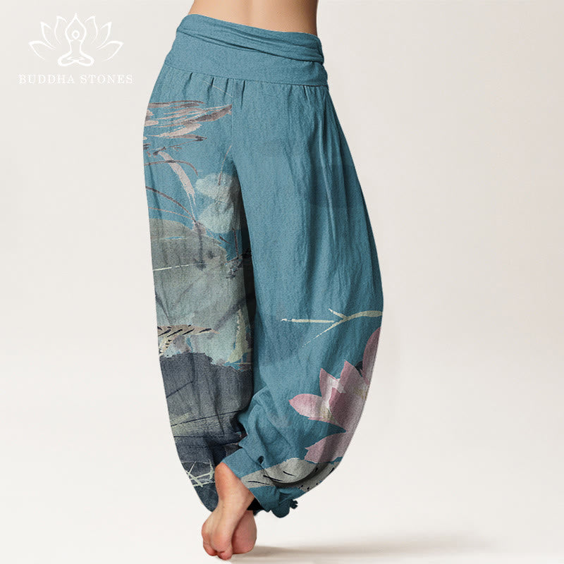 Buddha Stones Cotton Pink Lotus Leaves Bird Pattern Women's Elastic Waist Harem Pants - image 6