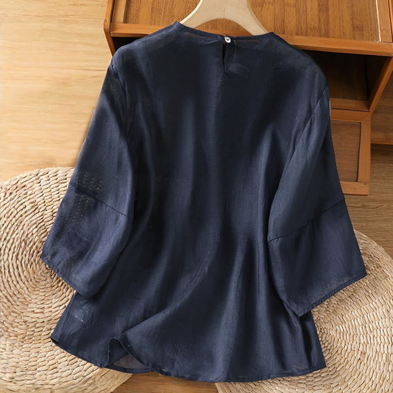 Buddha Stones Casual Pure Color Crew Neck Women's Cotton Linen Three Quarter Sleeve Shirt - image 1