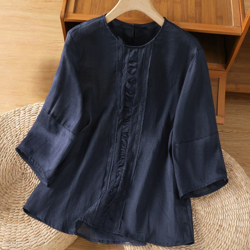 Buddha Stones Casual Pure Color Crew Neck Women's Cotton Linen Three Quarter Sleeve Shirt - MidnightBlue - US8-10，UK/AU12-14，EU40-42 (2XL) - image 0