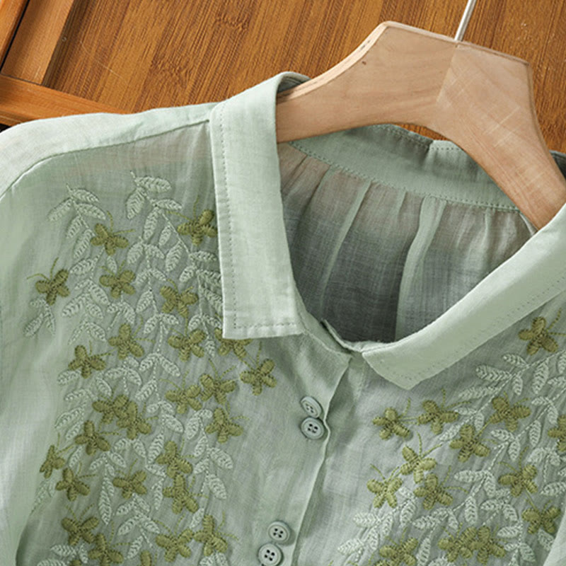 Buddha Stones Casual Plant Embroidery Stand Collar Women's Cotton Blend Three Quarter Sleeve Shirt - image 8