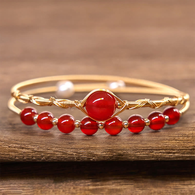 Buddha Stones 14K Gold Filled Copper Natural Red Agate Beads Confidence Metal Cuff Bracelet Bangle - image 1