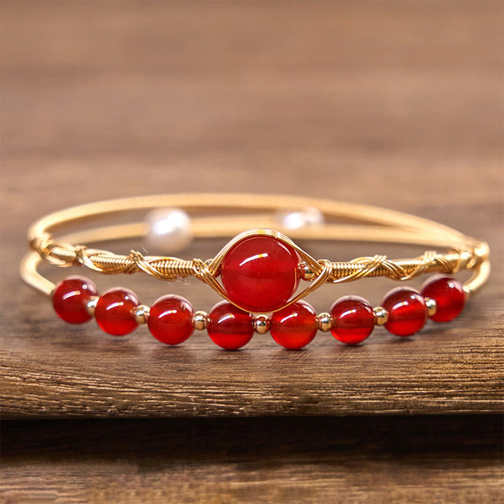 Buddha Stones 14K Gold Filled Copper Natural Red Agate Beads Confidence Metal Cuff Bracelet Bangle - image 1