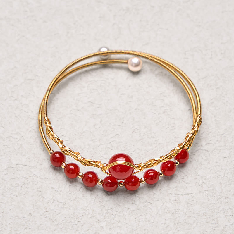 Buddha Stones 14K Gold Filled Copper Natural Red Agate Beads Confidence Metal Cuff Bracelet Bangle - image 3