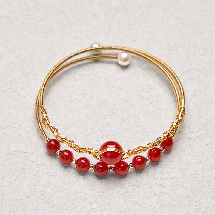 Buddha Stones 14K Gold Filled Copper Natural Red Agate Beads Confidence Metal Cuff Bracelet Bangle - image 3