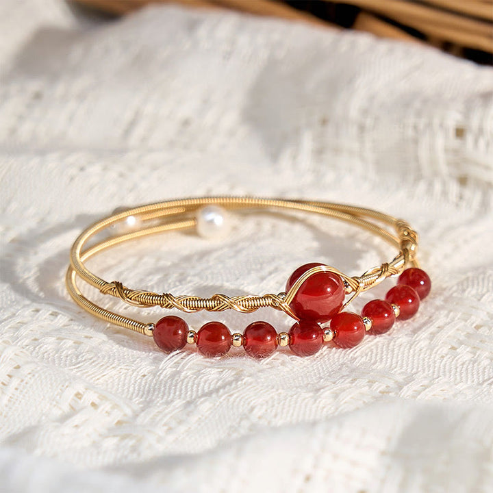 Buddha Stones 14K Gold Filled Copper Natural Red Agate Beads Confidence Metal Cuff Bracelet Bangle - image 2