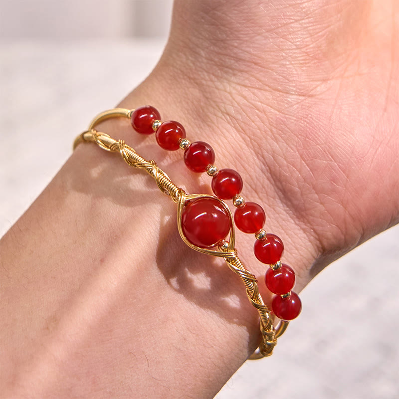 Buddha Stones 14K Gold Filled Copper Natural Red Agate Beads Confidence Metal Cuff Bracelet Bangle - image 4