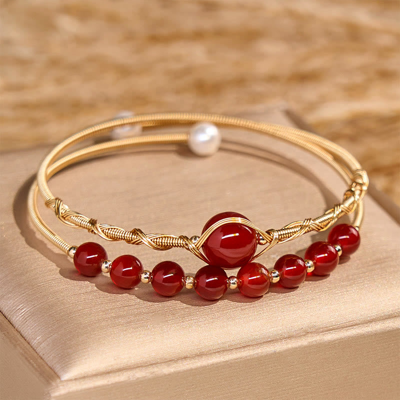 Buddha Stones 14K Gold Filled Copper Natural Red Agate Beads Confidence Metal Cuff Bracelet Bangle - Red Agate(Wrist Circumference 14-16 cm) - image 0