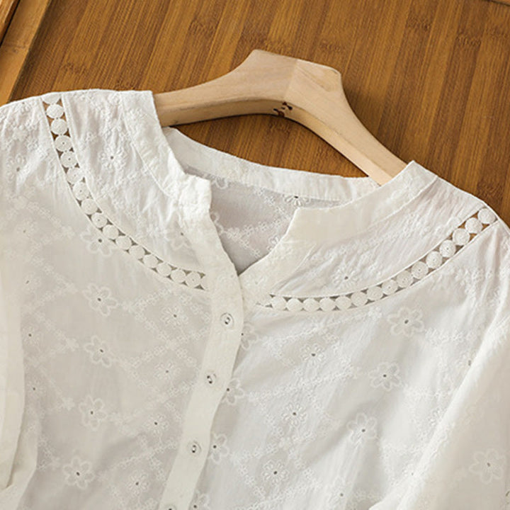 Buddha Stones Casual Plain Hollow Notched Women's Cotton Linen Half Sleeve Shirt - image 11