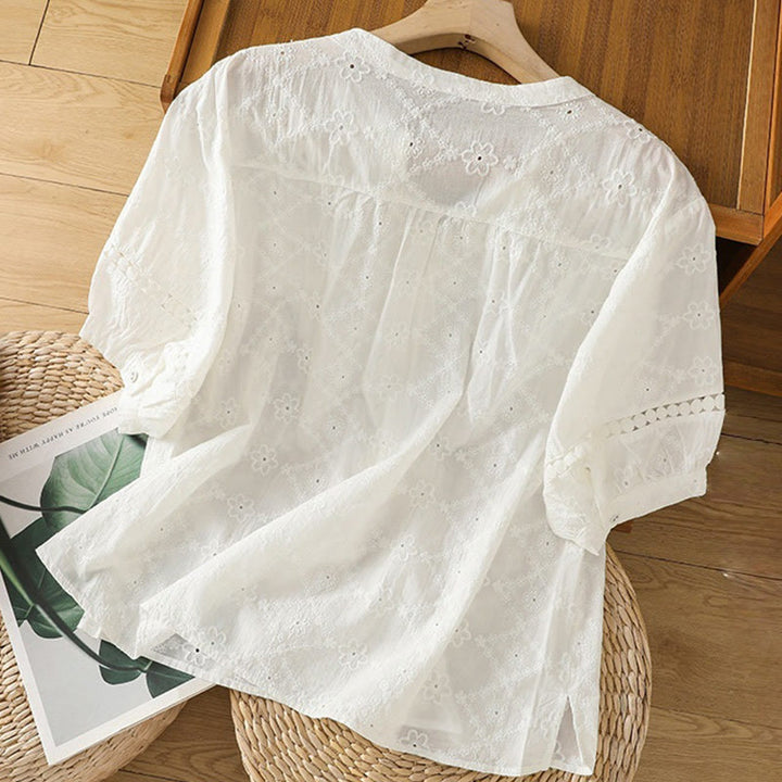 Buddha Stones Casual Plain Hollow Notched Women's Cotton Linen Half Sleeve Shirt - image 8