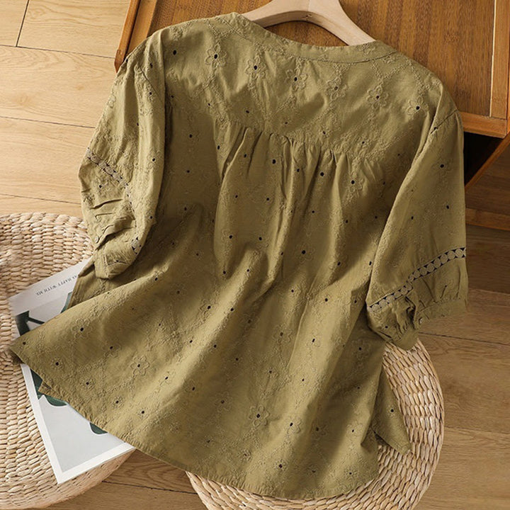 Buddha Stones Casual Plain Hollow Notched Women's Cotton Linen Half Sleeve Shirt - image 17