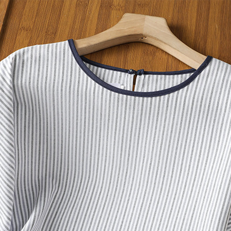 Buddha Stones Pullover Stripes Crew Neck Design Women's Cotton Short Sleeves Shirt - image 2