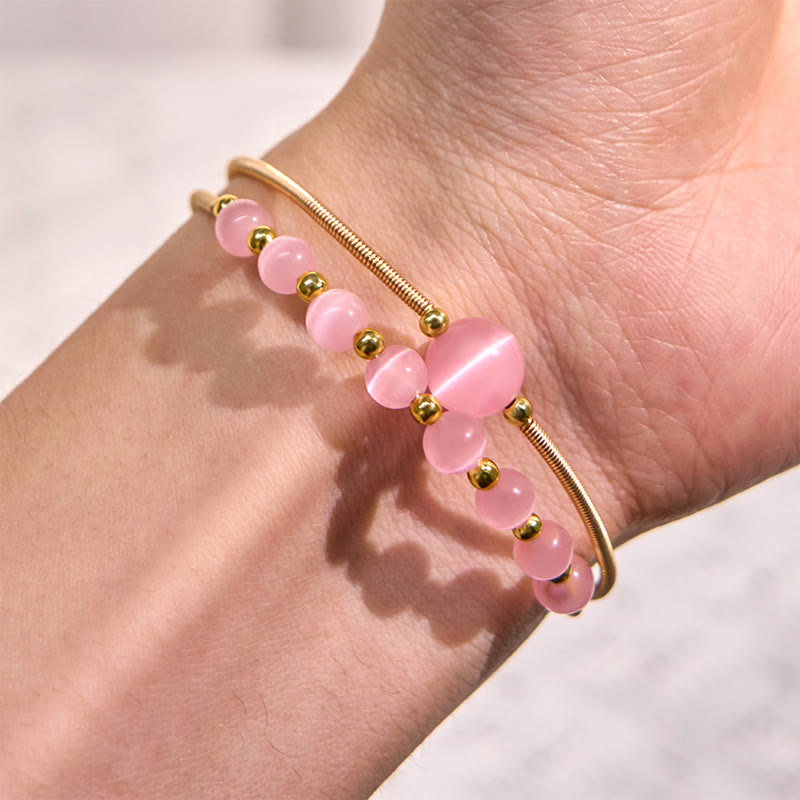 Buddha Stones 14K Gold Filled Copper Pink Cat Eye Support Metal Cuff Bracelet Bangle - image 4