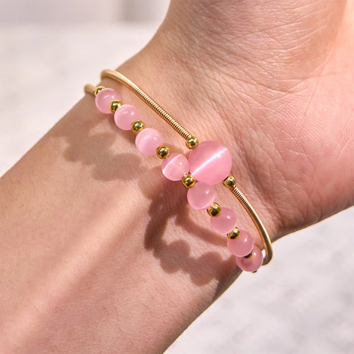 Buddha Stones 14K Gold Filled Copper Pink Cat Eye Support Metal Cuff Bracelet Bangle - image 4