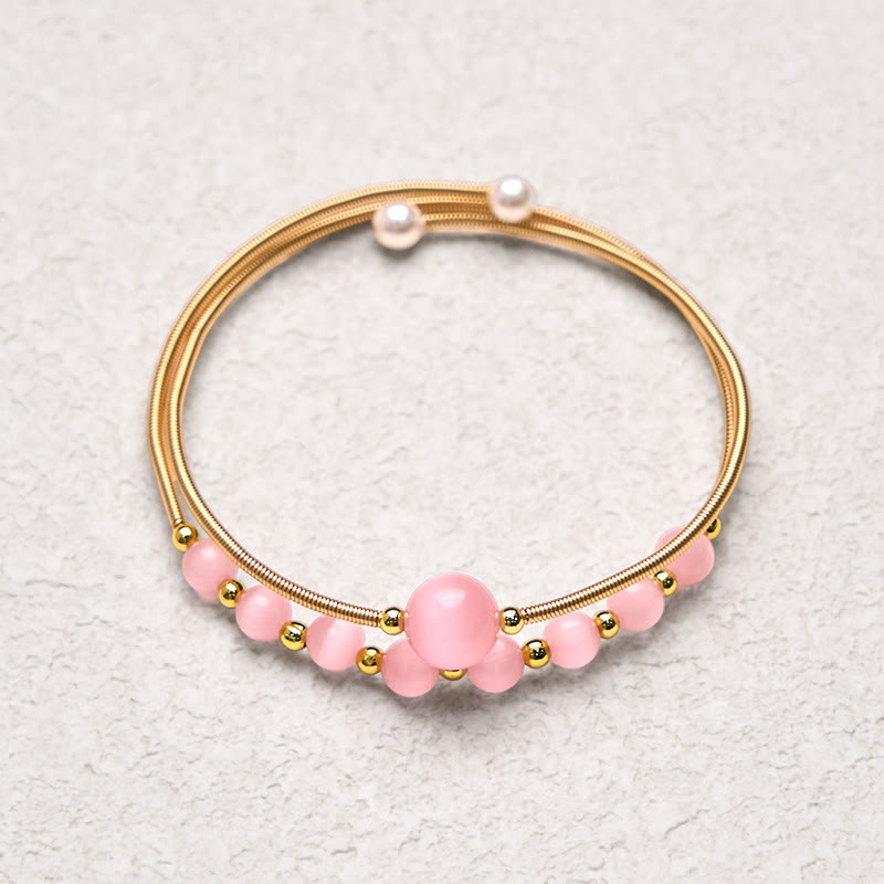Buddha Stones 14K Gold Filled Copper Pink Cat Eye Support Metal Cuff Bracelet Bangle - image 3