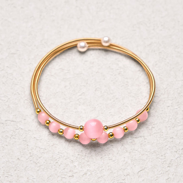 Buddha Stones 14K Gold Filled Copper Pink Cat Eye Support Metal Cuff Bracelet Bangle - image 3