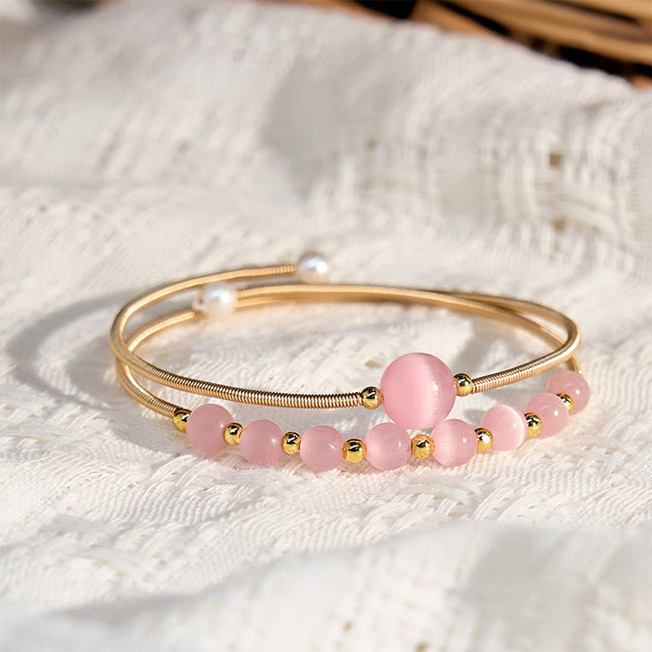 Buddha Stones 14K Gold Filled Copper Pink Cat Eye Support Metal Cuff Bracelet Bangle - image 2
