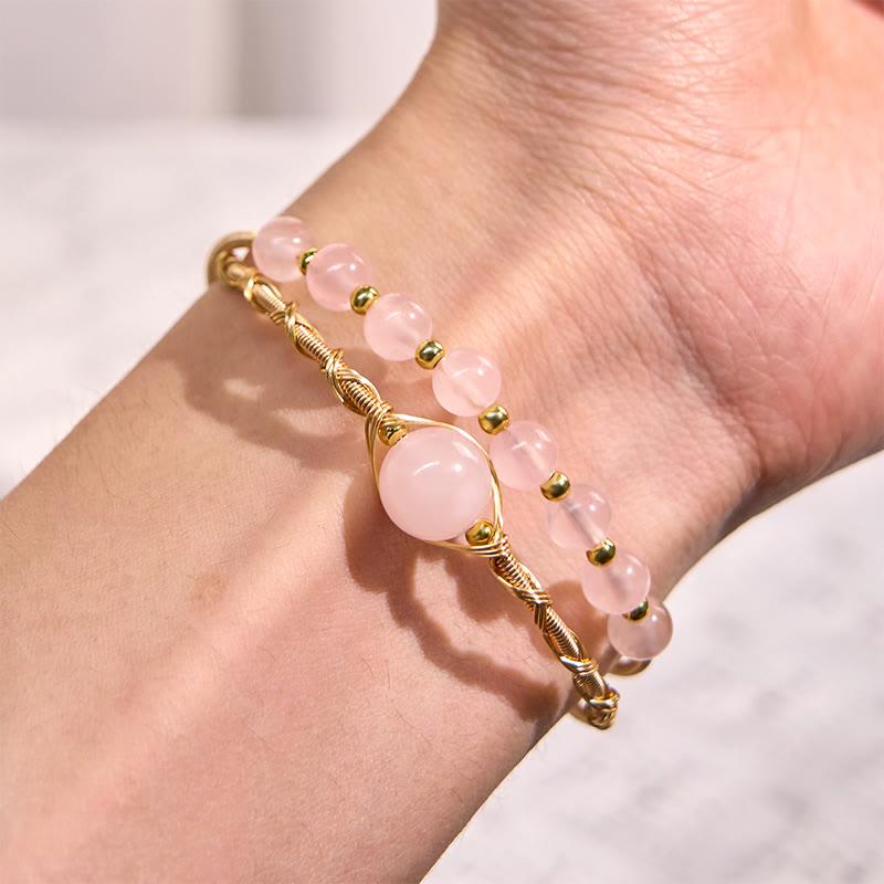 Buddha Stones Natural Rose Quartz Love Healing Metal Cuff Bracelet Bangle - image 4