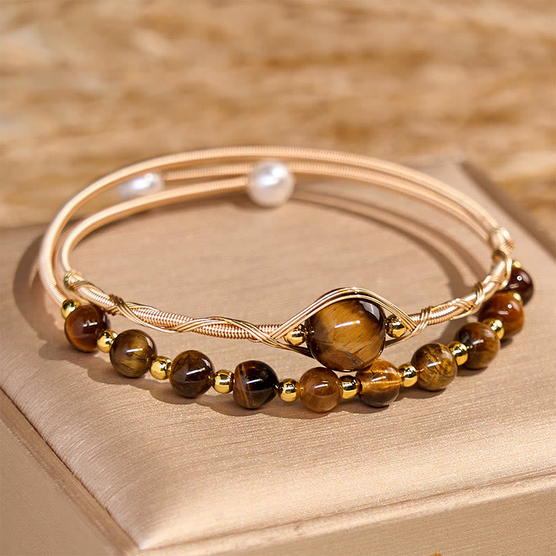 Buddha Stones 14K Gold Filled Copper Natural Tiger Eye Protection Metal Cuff Bracelet Bangle - Tiger Eye(Wrist Circumference 14-16 cm) - image 0