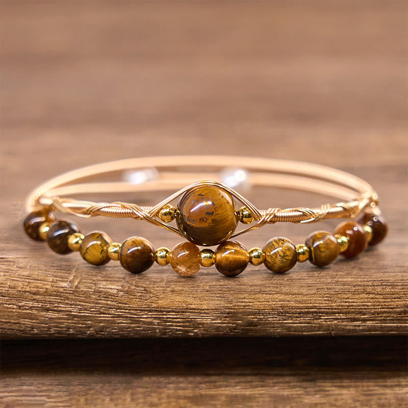 Buddha Stones 14K Gold Filled Copper Natural Tiger Eye Protection Metal Cuff Bracelet Bangle - image 1