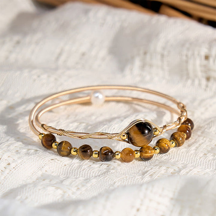 Buddha Stones 14K Gold Filled Copper Natural Tiger Eye Protection Metal Cuff Bracelet Bangle - image 2