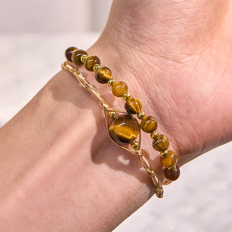 Buddha Stones 14K Gold Filled Copper Natural Tiger Eye Protection Metal Cuff Bracelet Bangle - image 4
