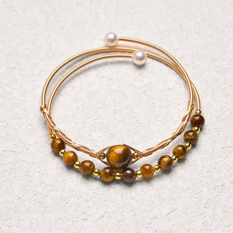 Buddha Stones 14K Gold Filled Copper Natural Tiger Eye Protection Metal Cuff Bracelet Bangle - image 3